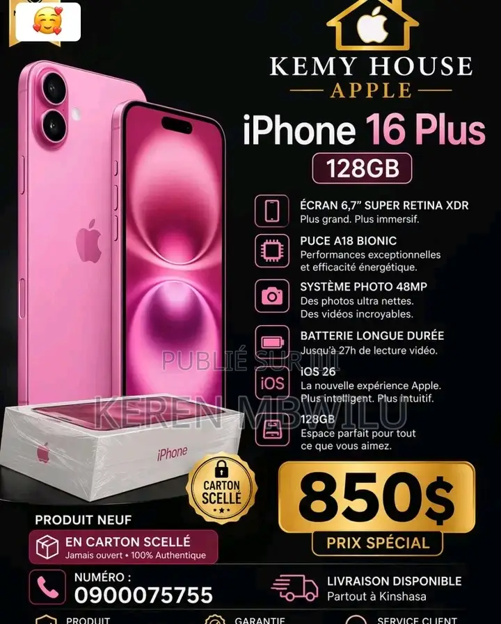 Nouveau Apple iPhone 16 Plus 128 GB Rose